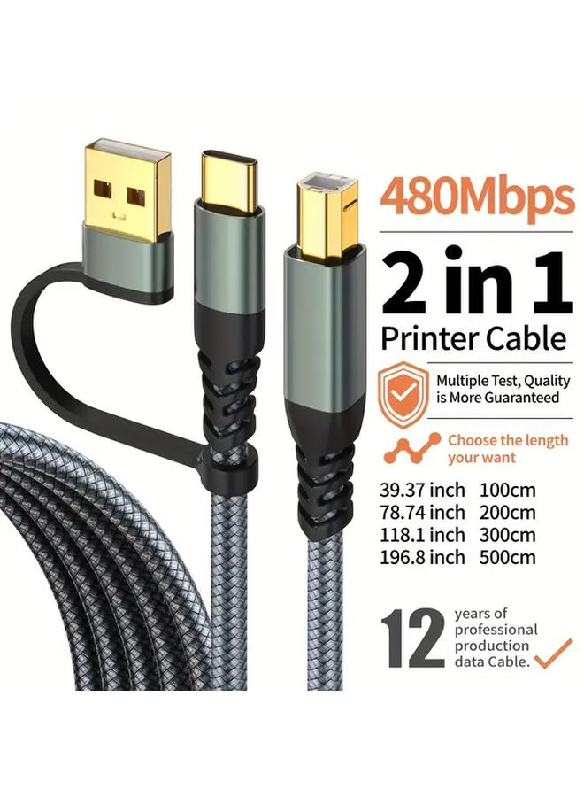 2 في 1 كابل طابعة عالي السرعة من USB C إلى USB B ومن USB A إلى USB B 10 أقدام رمادي - Image 1
