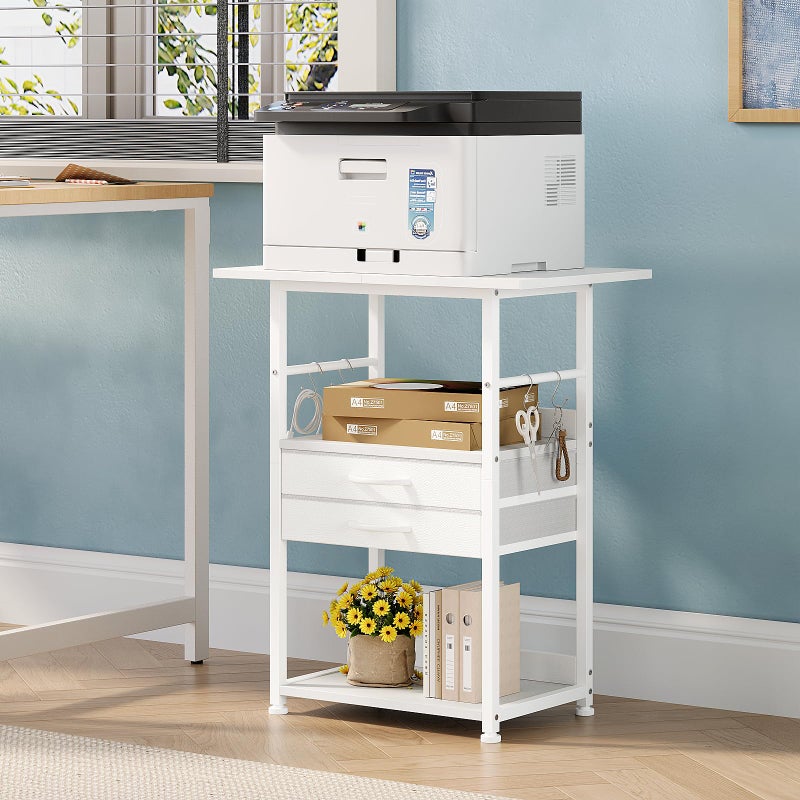 VENNQD Large Printer Stand with Storage Fabric Drawer Under Desk Printer Table with Wheels for Home Office, Printer Cart fit Fax Machine Scanner (White, 3 Tiers) - Image 2
