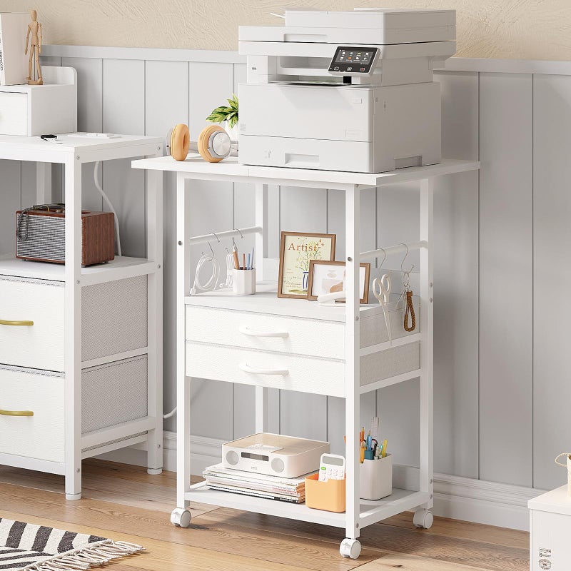 VENNQD Large Printer Stand with Storage Fabric Drawer Under Desk Printer Table with Wheels for Home Office, Printer Cart fit Fax Machine Scanner (White, 3 Tiers) - Image 1