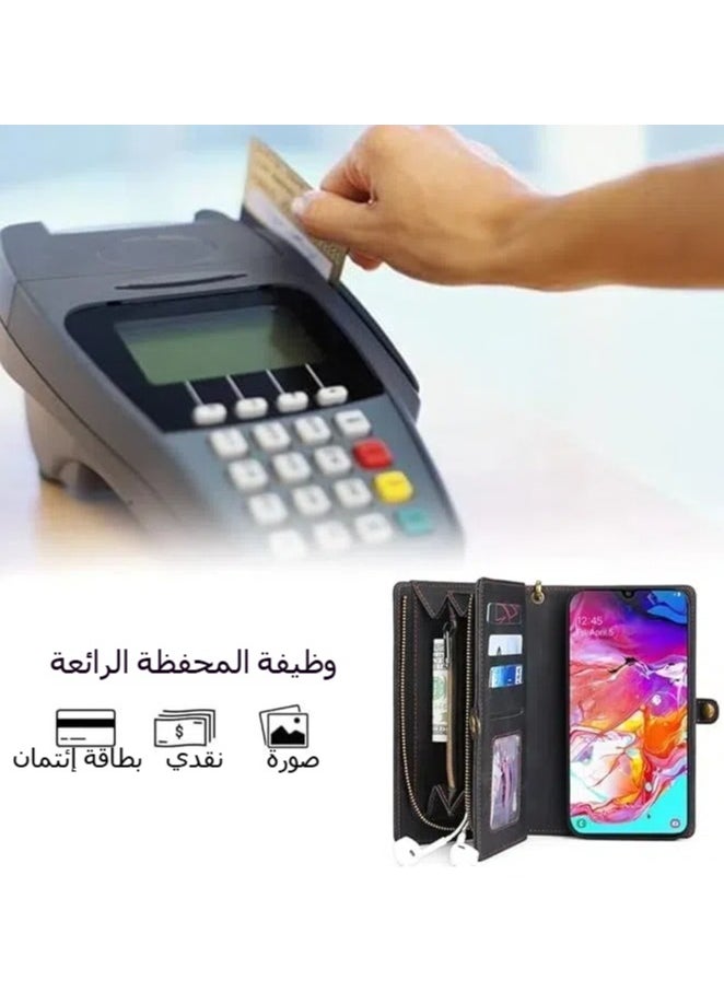 جنرال - غطاء هاتف لـ Samsung Galaxy A70 مزود بسحاب ومحفظة قابلة للانفصال، يحتوي على غطاء من الجلد قابل للطي مع فتحات لتخزين البطاقات والنقود. يتميز بتصميم عصري ومناسب لكل من السيدات والرجال، ويقدم حماية كاملة للهاتف مع الراحة في حمل البطاقات والنقود. - Image 1
