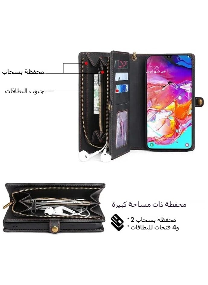 جنرال - غطاء هاتف لـ Samsung Galaxy A70 مزود بسحاب ومحفظة قابلة للانفصال، يحتوي على غطاء من الجلد قابل للطي مع فتحات لتخزين البطاقات والنقود. يتميز بتصميم عصري ومناسب لكل من السيدات والرجال، ويقدم حماية كاملة للهاتف مع الراحة في حمل البطاقات والنقود. - Image 1