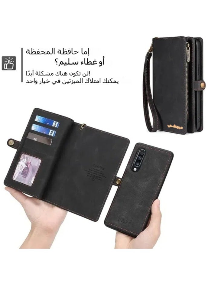 جنرال - غطاء هاتف لـ Samsung Galaxy A70 مزود بسحاب ومحفظة قابلة للانفصال، يحتوي على غطاء من الجلد قابل للطي مع فتحات لتخزين البطاقات والنقود. يتميز بتصميم عصري ومناسب لكل من السيدات والرجال، ويقدم حماية كاملة للهاتف مع الراحة في حمل البطاقات والنقود. - Image 1