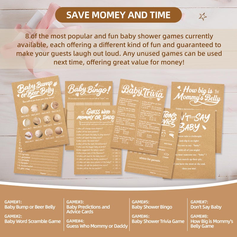OLOUTAB Baby Shower Games Boy-8 Games,Fun and Easy to Play,Includes Baby Bingo,Don't Say Baby,Guess Who Mommy or Daddy,Word Scramble,Prediction and Advice Cards,How Big is Mommys Belly,Baby Trivia - Image 4