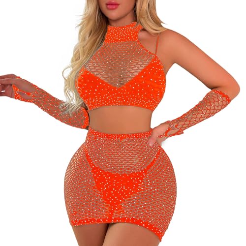 GirlFriend Lingerie fishnet Two Piece Rhinestone Deep V Neck Teddy Babydoll Mesh Nightwear for women Mesh Badydoll Fishnets Dresses See Through Lingerie Chemise Outfits with top and hand Gloves - Image 1