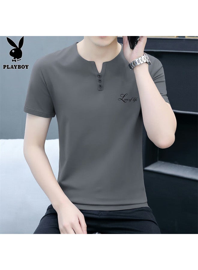 Playboy Men's Short Sleeve T-shirt Summer Men's Polo Undershirt Business Ice Silk Half Sleeve Loose Clothing Carbon Gray L - Image 4