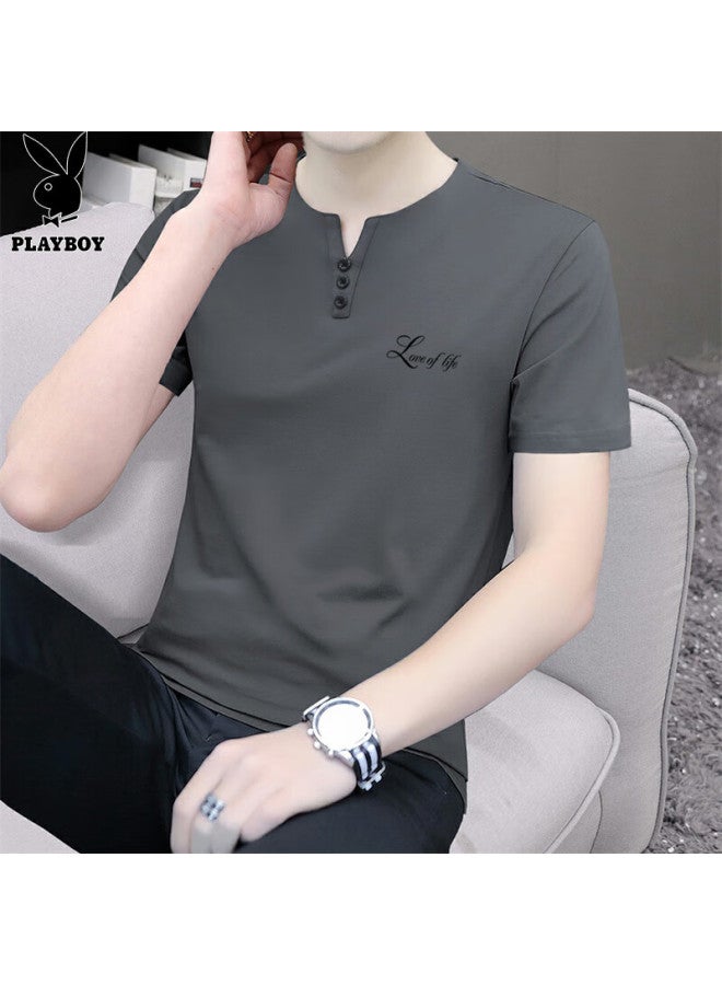 Playboy Men's Short Sleeve T-shirt Summer Men's Polo Undershirt Business Ice Silk Half Sleeve Loose Clothing Carbon Gray L - Image 2