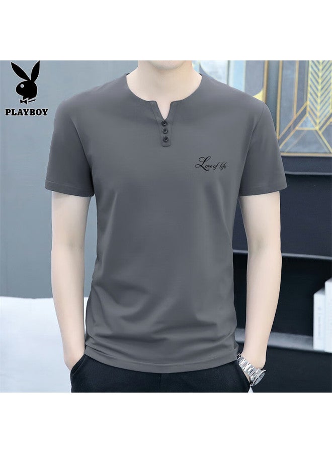Playboy Men's Short Sleeve T-shirt Summer Men's Polo Undershirt Business Ice Silk Half Sleeve Loose Clothing Carbon Gray L - Image 5