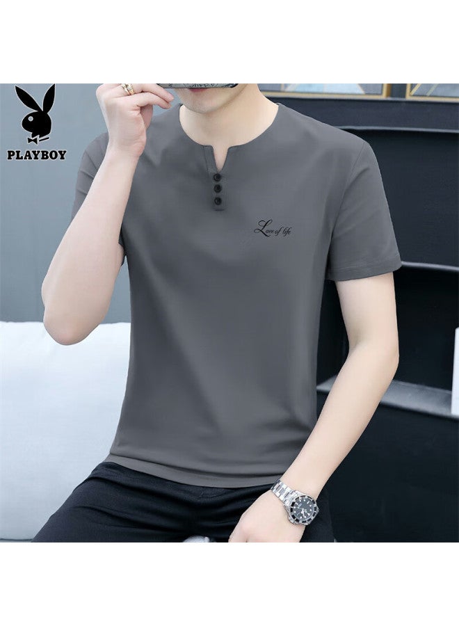 Playboy Men's Short Sleeve T-shirt Summer Men's Polo Undershirt Business Ice Silk Half Sleeve Loose Clothing Carbon Gray L - Image 3