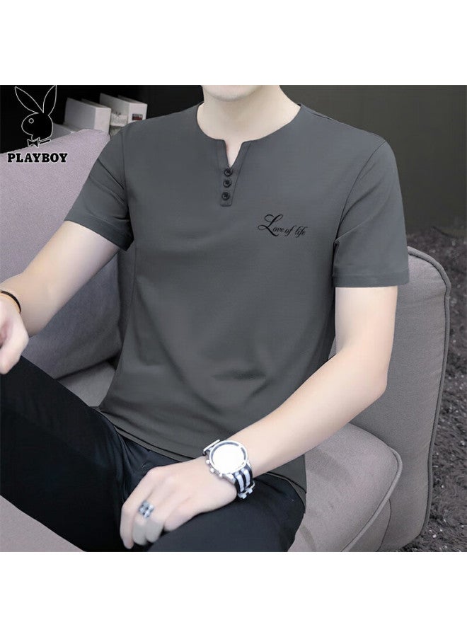 Playboy Men's Short Sleeve T-shirt Summer Men's Polo Undershirt Business Ice Silk Half Sleeve Loose Clothing Carbon Gray L - Image 1