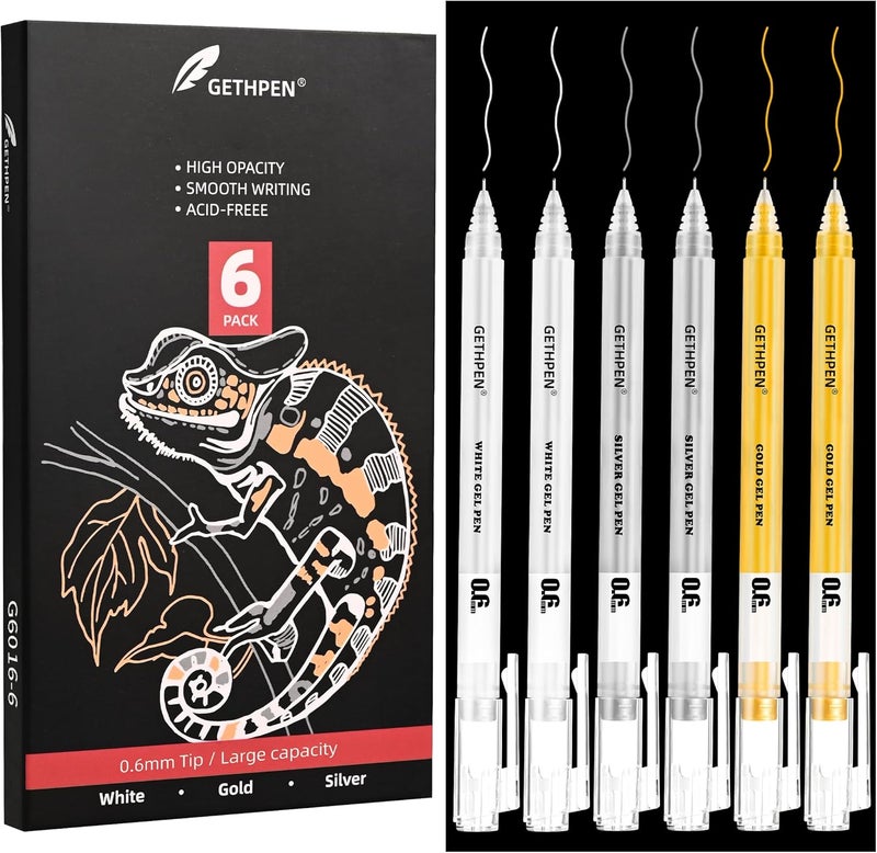 GETHPEN White Gold and Silver Gel Pen Set, 0.6mm Extra Fine Point Pens Gel Ink Pens Opaque Archival Ink Pens for Black Paper Drawing,Sketching,Card Making, Illustration, Bullet Journaling, 6 Pack - Image 1
