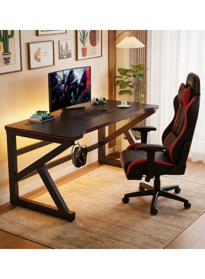 Gaming Desk with Seven Color Modes and Cup Holder, Home Office Desk, Mobile Phone Groove, Gamers Table, Wear Resistant, Anti-Collision Design, High-Temperature Resistant, Carbon Steel Table Legs - Black