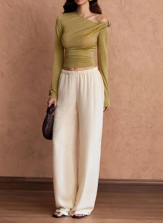 Take Two Green Asymmetric Neck Long Sleeve Top