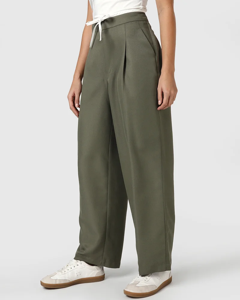 بيواكوف Women's Olive Green Wide Leg Korean Pants