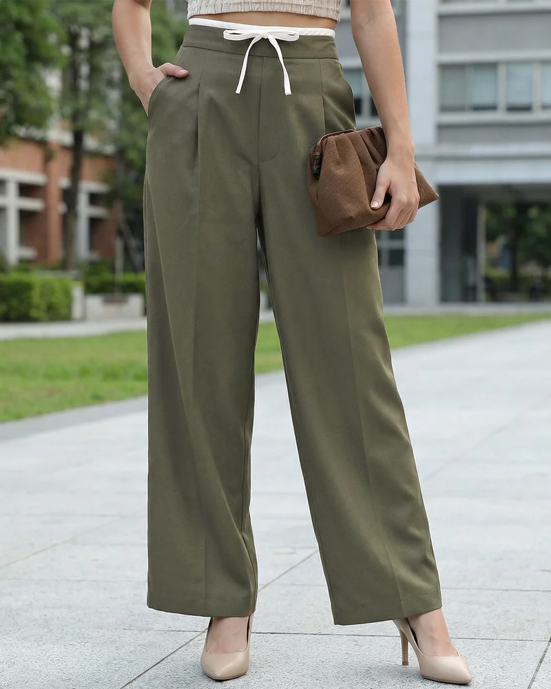 بيواكوف Women's Olive Green Wide Leg Korean Pants