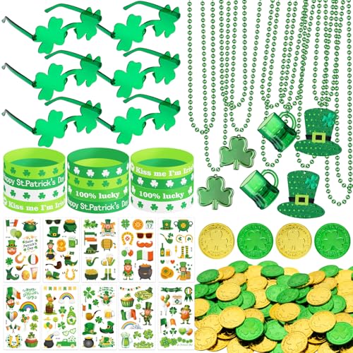DMIGHT 163Pcs St Patricks Day Accessories Party Favor Set Tattoo Stickers Necklaces Bracelets Shamrock Glasses lucky Coins for Irish Party Supplies - Image 1