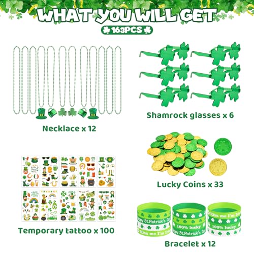 DMIGHT 163Pcs St Patricks Day Accessories Party Favor Set Tattoo Stickers Necklaces Bracelets Shamrock Glasses lucky Coins for Irish Party Supplies - Image 5
