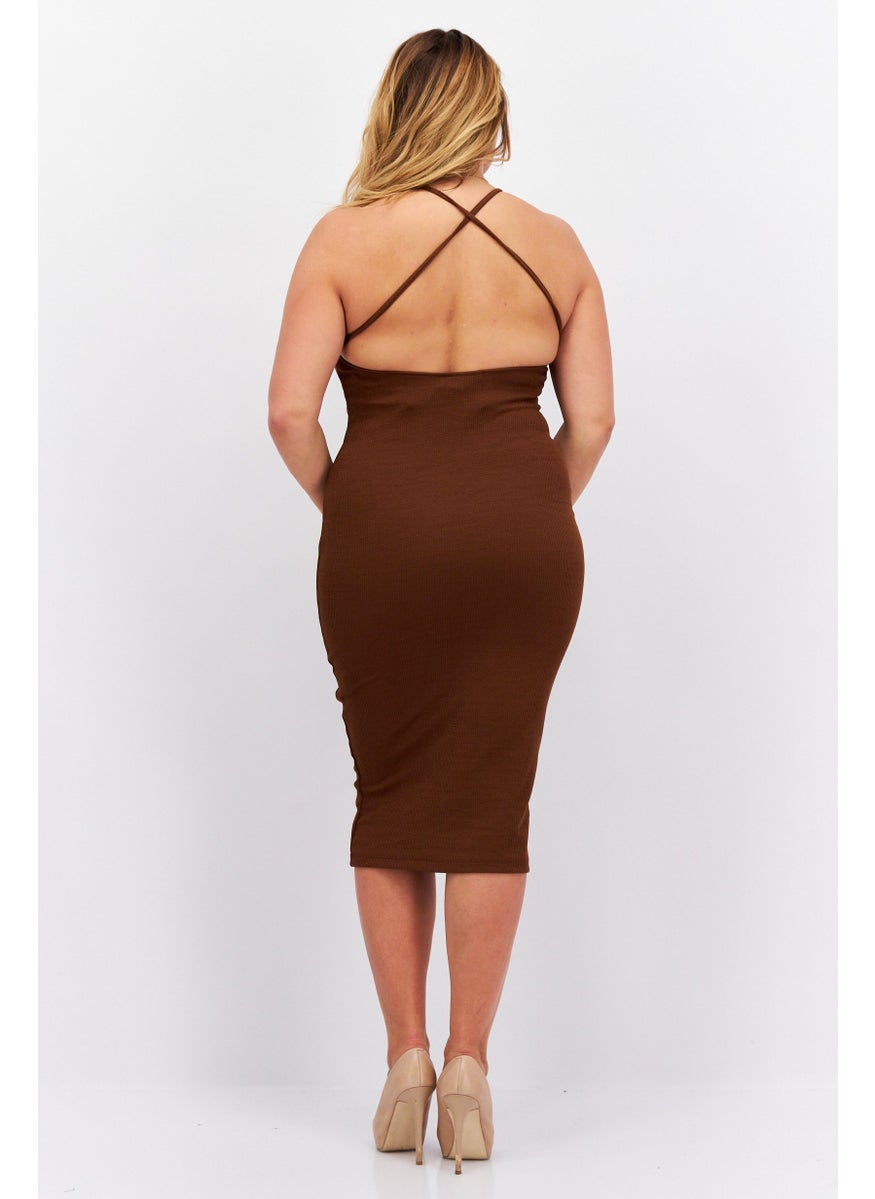 trendyol Women Plain Midi Dress, Brown  - Image 3