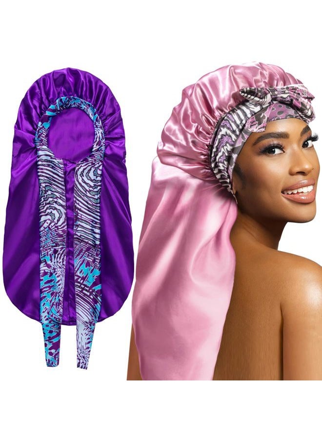 WOZUTUNT 2Pack Bonnets for Black Women Braid Bonnet, Large Long Bonnet Satin Bonnet for Braids,Black Women Silk Bonnet with Stretchy Tie Band Braid Bonnet for Sleeping Extra Long (Purple&PinkPattern) - Image 1