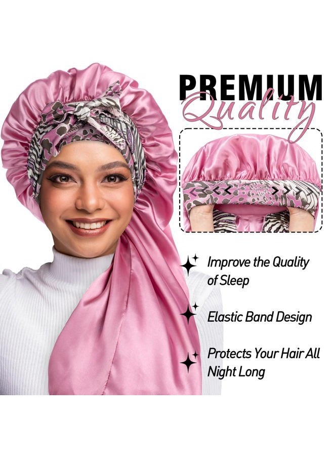 WOZUTUNT 2Pack Bonnets for Black Women Braid Bonnet, Large Long Bonnet Satin Bonnet for Braids,Black Women Silk Bonnet with Stretchy Tie Band Braid Bonnet for Sleeping Extra Long (Purple&PinkPattern) - Image 2