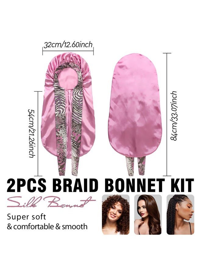 WOZUTUNT 2Pack Bonnets for Black Women Braid Bonnet, Large Long Bonnet Satin Bonnet for Braids,Black Women Silk Bonnet with Stretchy Tie Band Braid Bonnet for Sleeping Extra Long (Purple&PinkPattern) - Image 5