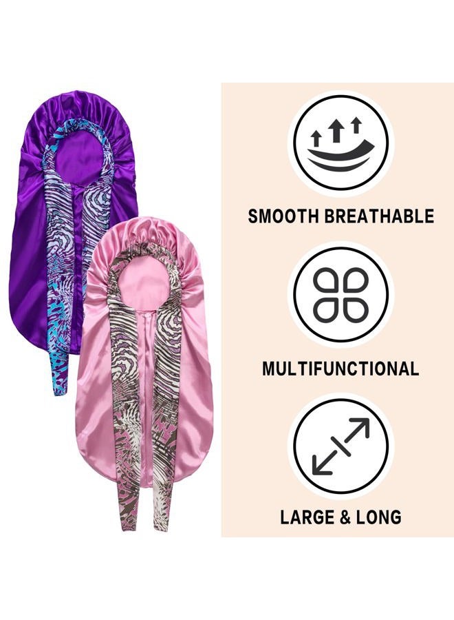 WOZUTUNT 2Pack Bonnets for Black Women Braid Bonnet, Large Long Bonnet Satin Bonnet for Braids,Black Women Silk Bonnet with Stretchy Tie Band Braid Bonnet for Sleeping Extra Long (Purple&PinkPattern) - Image 4