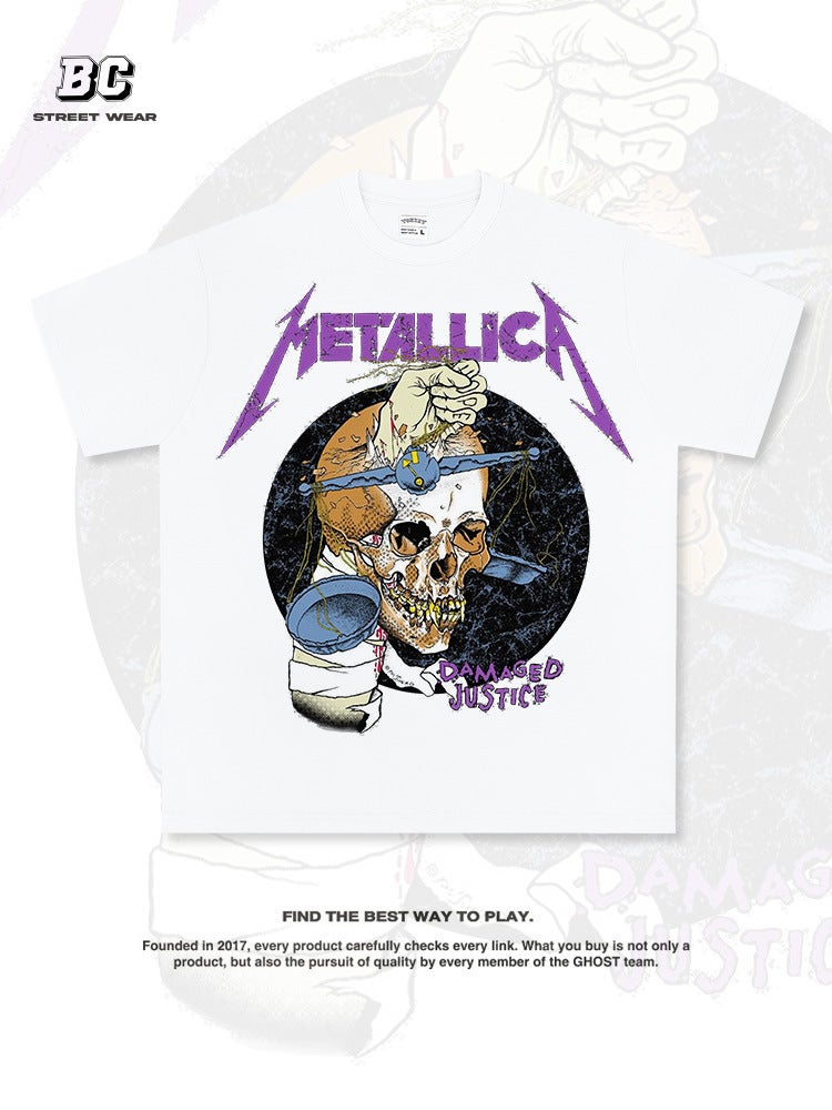 خمر الهيب هوب الأصلي METALLICA الجمجمة طباعة الشارع العالي قصيرة الأكمام تي شيرت غسل القطن الثقيل عصرية صغيرة ناير-رقبة - Image 5