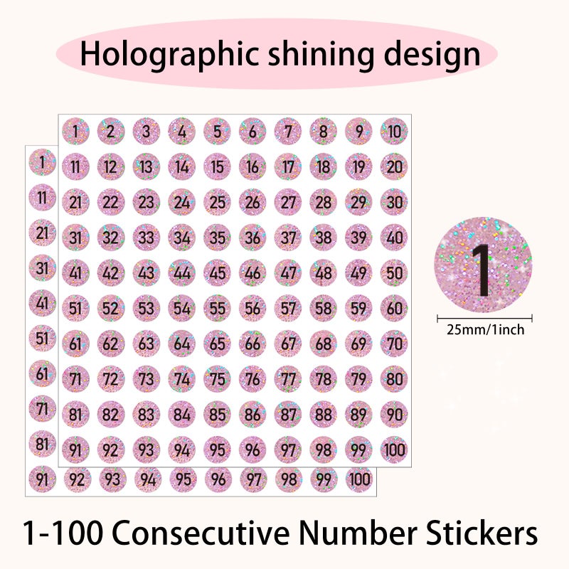 Yegawen 1 Inch Holographic Number Stickers, Glitter Consecutive Number Stickers 1-100, Holographic Self Adhesive Numbered Label use for Inventory, Storage, Organizing-1000 Sheets/Shiny Pink - Image 2