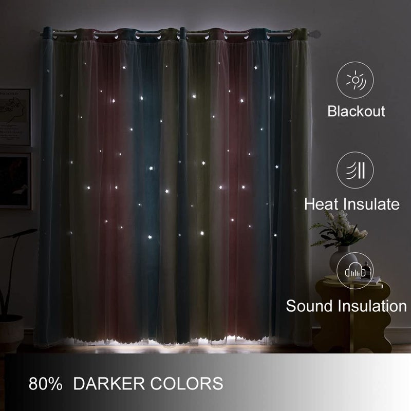 ZHUHAN Rainbow Ombre Star Cutouts Blackout Curtains for Girl Kid Nursery Bedroom and Living Room Decor Darken Double Layer Window Cute Grommet Curtains Soundproof Light (Pink Blue 52W X 72L 2- Panels) - Image 3