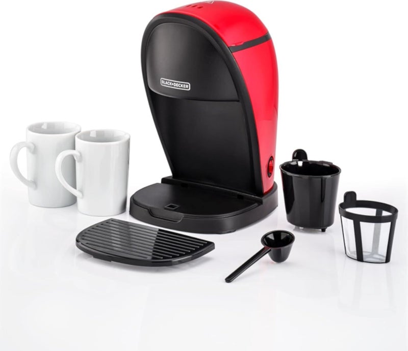 Black & Decker 450w 2 cups coffee maker machine 250ml water tank capacity with two mugs for drip and espresso dcm48 b5 red