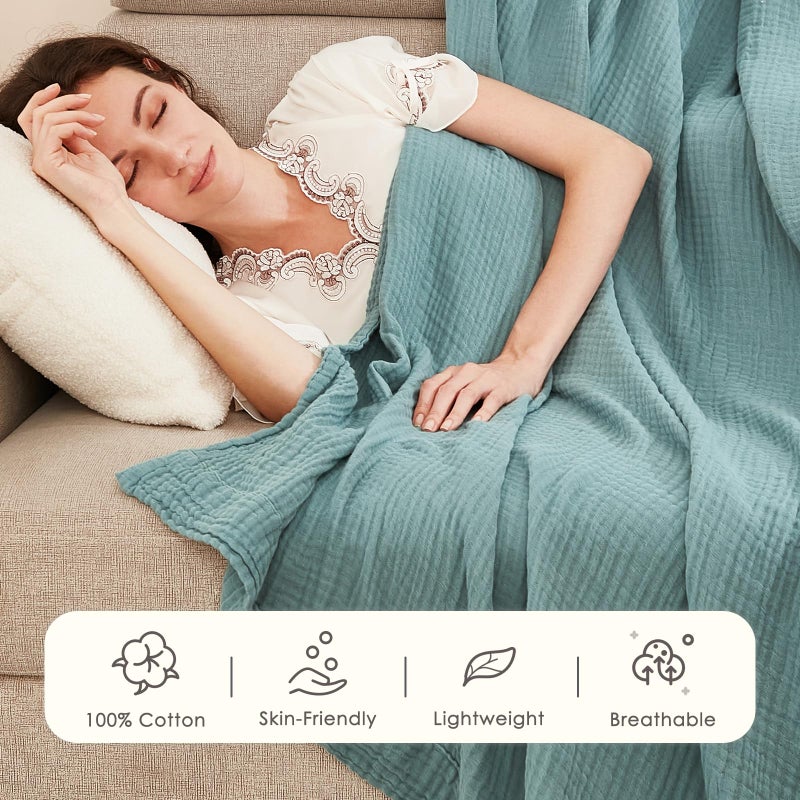 EMME Cotton Blanket Twin XL for Bed Soft Muslin Blankets 66"x90" Lightweight Breathable Layering Bedspread Coverlet All Season Gauze, Teal - Image 4