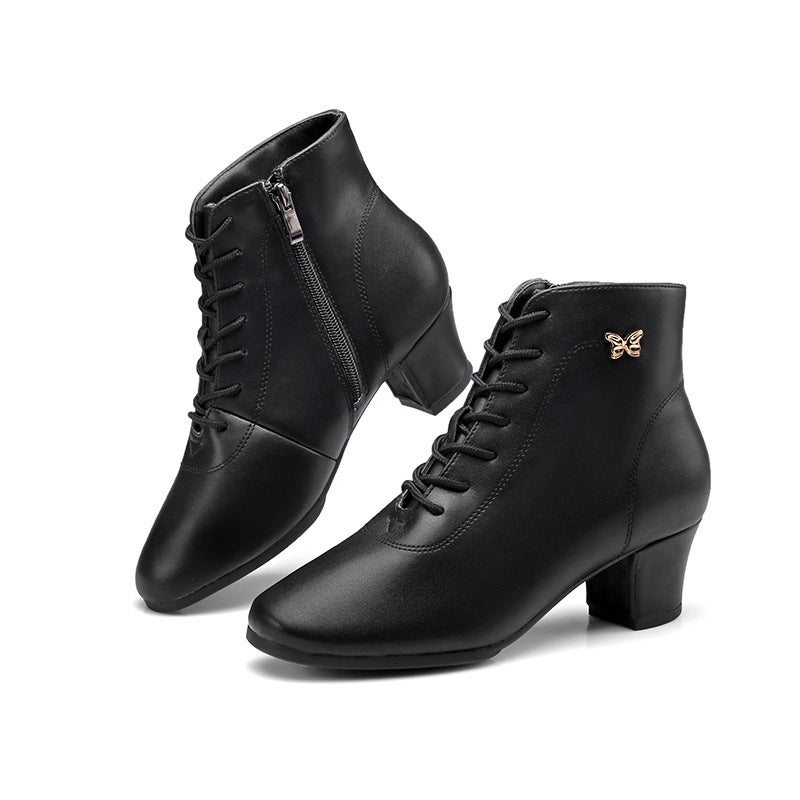 Generic Wupa High-top Soft Leather Square Dancing Shoes Womens Mid-low Heel Soft Bottom Social Dance Shoes Usually Wear Dance Ankle Boots Autumn and Winter Black 3.5cm straight bottom