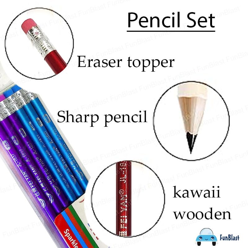 FunBlast FunBlast Sparkle Pencils Set For Kids, Stylish Pencil Set With Eraser Topper For Boys And Girls, Stationary Kit For School, Kawaii Pencils, Pencil Set For Return Gift (Pack Of 12 Pcs), Ink black - Image 4