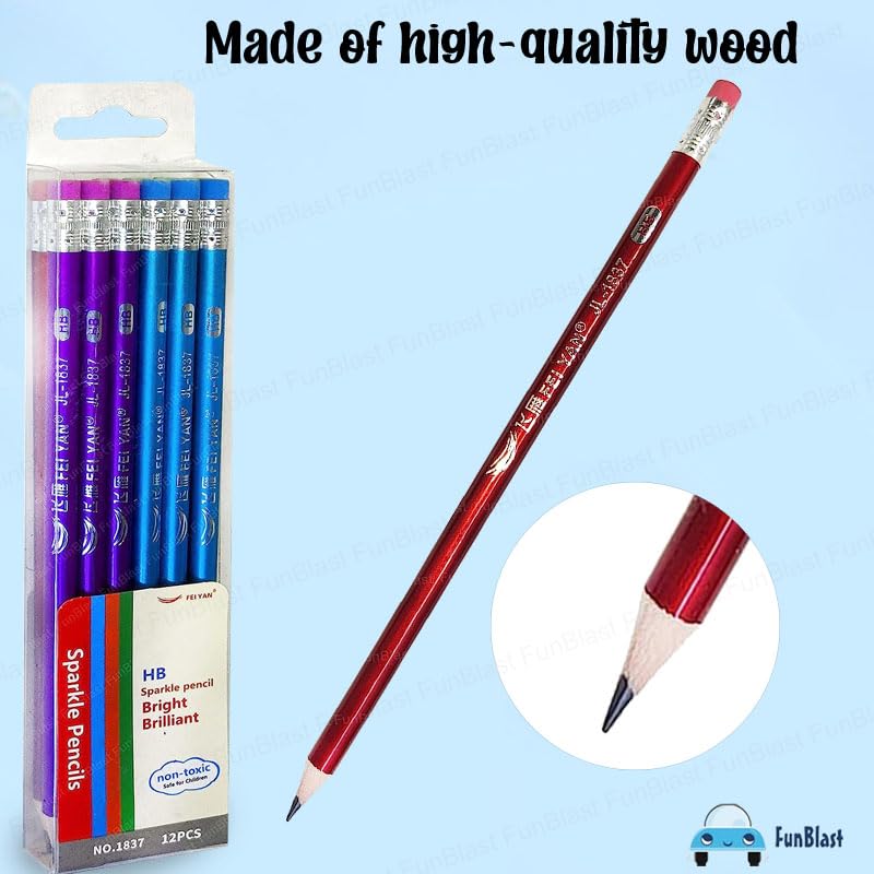 FunBlast FunBlast Sparkle Pencils Set For Kids, Stylish Pencil Set With Eraser Topper For Boys And Girls, Stationary Kit For School, Kawaii Pencils, Pencil Set For Return Gift (Pack Of 12 Pcs), Ink black - Image 3
