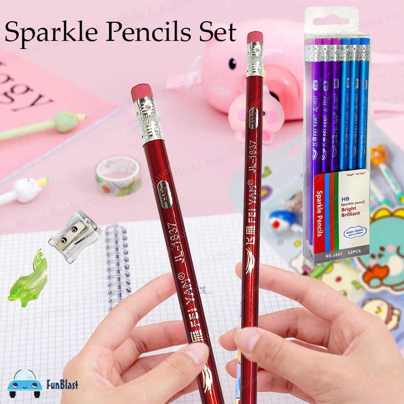 FunBlast FunBlast Sparkle Pencils Set For Kids, Stylish Pencil Set With Eraser Topper For Boys And Girls, Stationary Kit For School, Kawaii Pencils, Pencil Set For Return Gift (Pack Of 12 Pcs), Ink black - Image 5