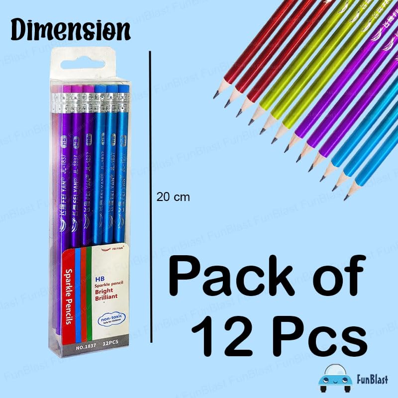 FunBlast FunBlast Sparkle Pencils Set For Kids, Stylish Pencil Set With Eraser Topper For Boys And Girls, Stationary Kit For School, Kawaii Pencils, Pencil Set For Return Gift (Pack Of 12 Pcs), Ink black - Image 2