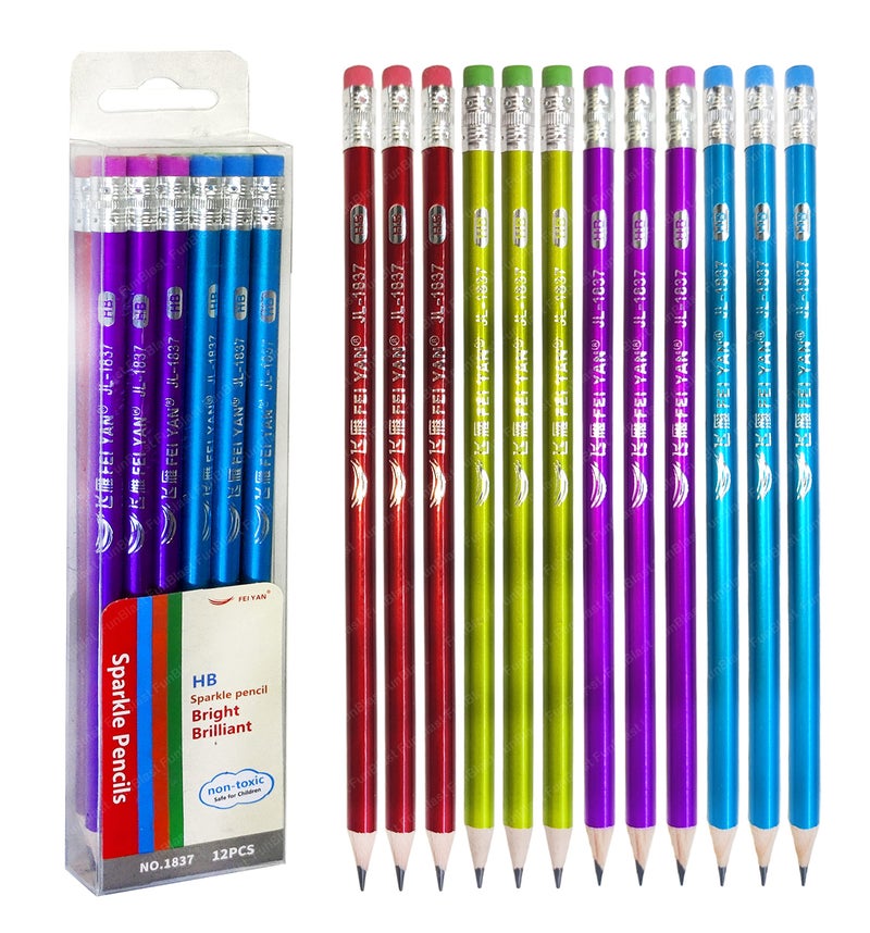 FunBlast FunBlast Sparkle Pencils Set For Kids, Stylish Pencil Set With Eraser Topper For Boys And Girls, Stationary Kit For School, Kawaii Pencils, Pencil Set For Return Gift (Pack Of 12 Pcs), Ink black - Image 1