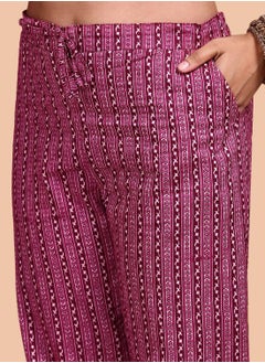 ISHIN Regular Fit Embellished Pattern Round Neck Neck Three-Quarter Sleeve Maroon Colour Knitted Cotton Kurta Set for Women with Mid-Rise Closure - Blending Tradition with Modern Style  - Image 3