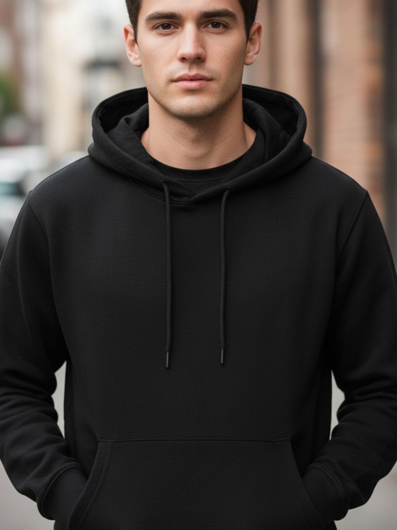 ENCIGER Men’s Solid Hoodie | 100% Cotton Fleece Warm Sweatshirt with Kangaroo Pocket & Adjustable Hood | Regular Fit Winter Wear for Men Black, M - Image 5