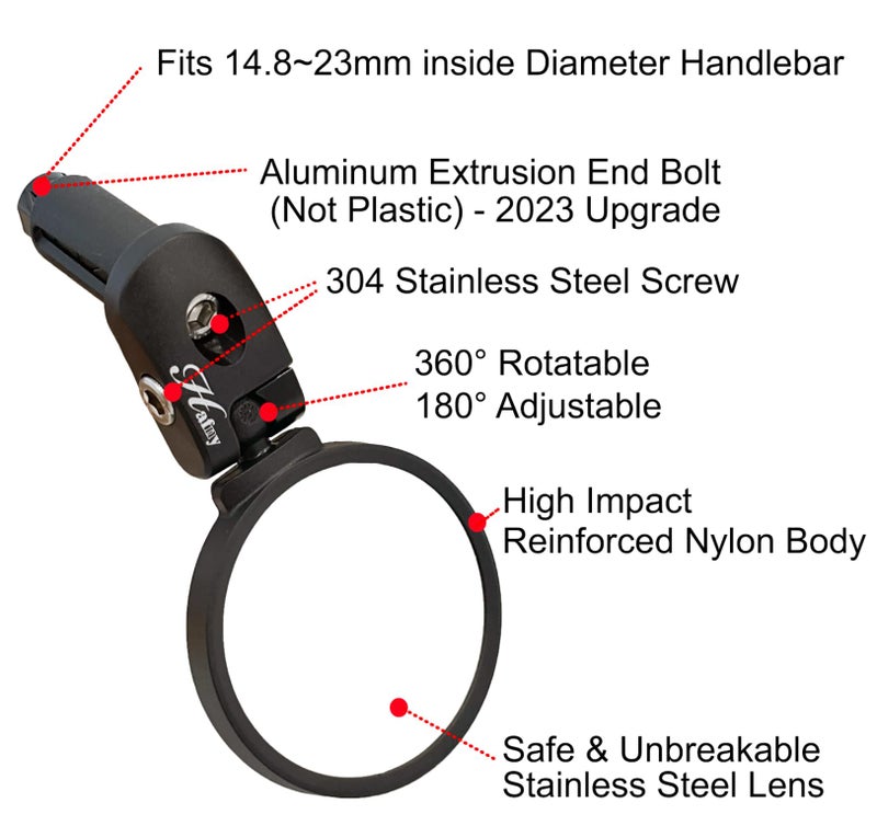 Hafny Bar End Bike/Bicycle Mirror, Stainless Steel Lens, Safe Adjustable Rearview Cycle/E-bike Mirror, HF-MR083 (Black 62mm) - Image 2