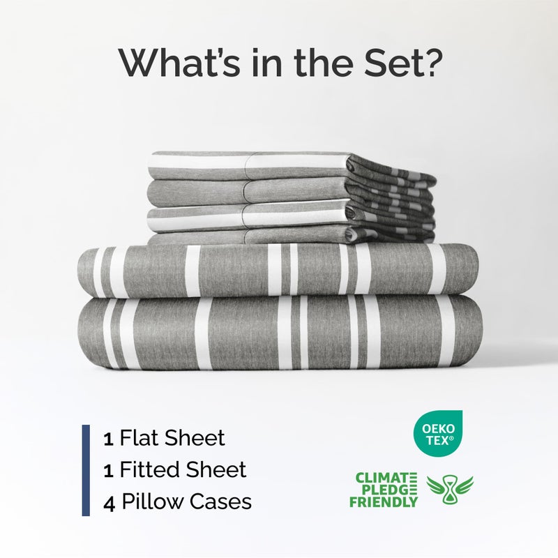 Extra Deep Queen Sheet Set - 6 Piece Breathable and Cooling Sheets - Hotel Luxury Bed Sheets Set - Easy Fit - Soft  Wrinkle Free and Comfy Sheets Set - Grey Striped Sheet Set with Extra Deep Pockets