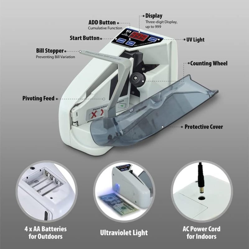 BRONTIX Portable Money Counting Machine Mini | LED Display Note Counting Machine Cash Counter Machine Mini with UV/WM Detection, Auto Shut-Off Currency Counting Machine for Home (Portable Bundle) - Image 3