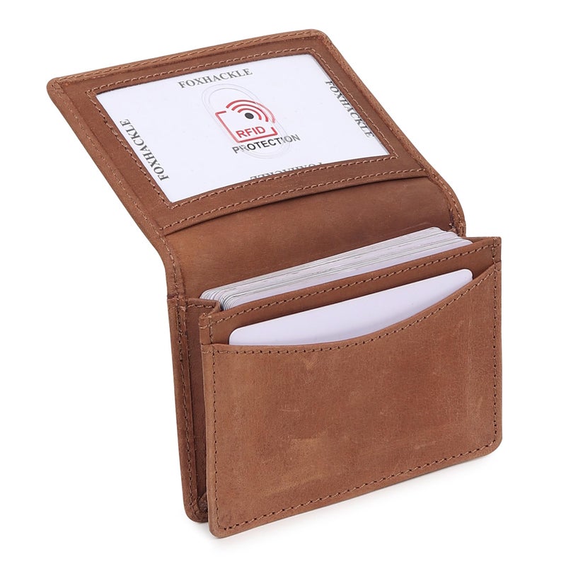 FOXHACKLE Leather Credit Card Holder For Men and Women, Small RFID Blocking Bifold Wallet (With ID Slot, Hunter Tan) - Image 1