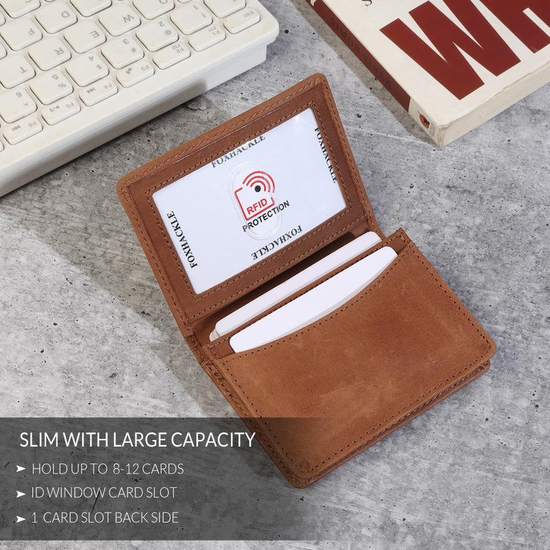FOXHACKLE Leather Credit Card Holder For Men and Women, Small RFID Blocking Bifold Wallet (With ID Slot, Hunter Tan) - Image 2