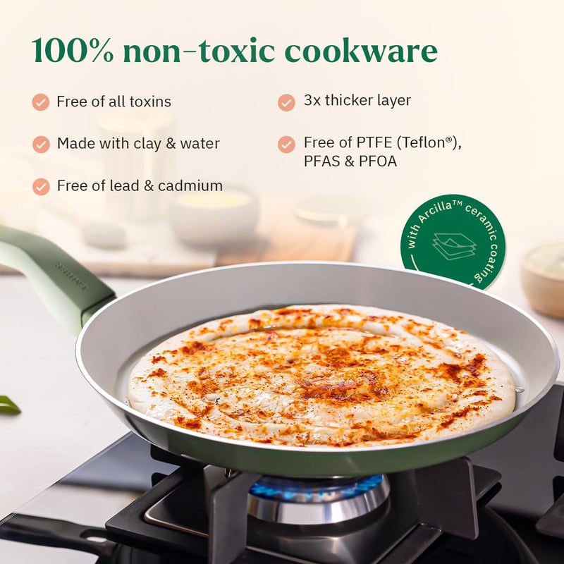 Ember Cookware طاسة سيراميك غير لاصقة 28 سم | مقلاة روتي وتشباتي غير سامة | معتمدة من ISI | طاسة طهي سيراميك | 1 ملعقة مسطحة | خالية من PFAS وPTFE | آمنة للاستخدام على الحث | زرقاء - Image 5