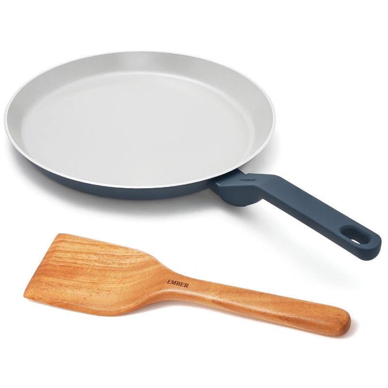 Ember Cookware طاسة سيراميك غير لاصقة 28 سم | مقلاة روتي وتشباتي غير سامة | معتمدة من ISI | طاسة طهي سيراميك | 1 ملعقة مسطحة | خالية من PFAS وPTFE | آمنة للاستخدام على الحث | زرقاء - Image 1