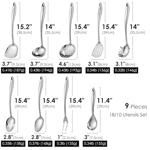 Standcn 304 Stainless Steel Kitchen Utensil Set - 9 PCS Serving Utensils, Cooking Utensil, Solid Spoon, Slotted Spoon, Fork, Spatula, Ladle, Skimmer Spoon, Slotted Spatula Tunner, Spaghetti Spoon, Large Spoon - Image 2