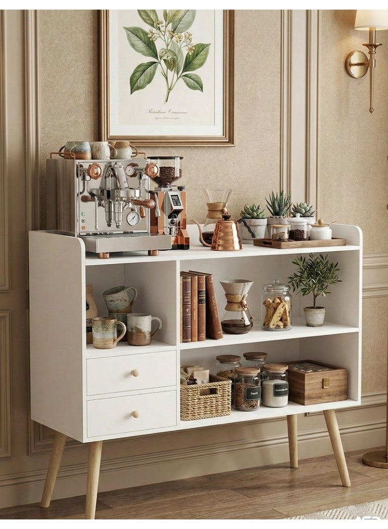 خزانة ركن القهوة المنزلية للمطبخ بأبعاد 100*35*90 سم، مزودة بأدراج، تُستخدم كخزانة عرض أو رف للمخبوزات، مناسبة لغرفة المعيشة أو غرفة النوم أو المكتب (لون أبيض دافئ، ZWG008). - Image 1