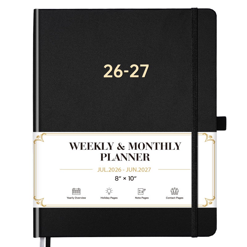 Vondafe Planner 2026-2027 - Academic Planner 2026-2027, July 2026 - June 2027, 8'' x 10'', 26-27 Planner Weekly and Monthly, 26-27 Calendar Planners with Pen Holder, Elastic Closure, Leather Hardcover - Black - Image 1