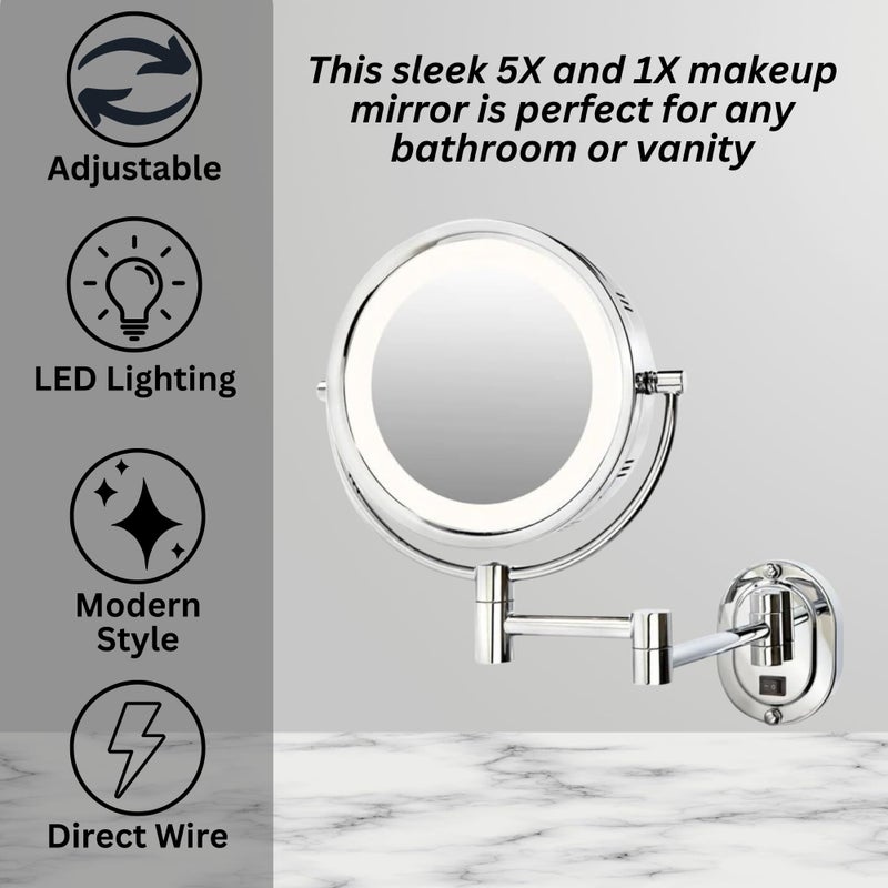 JERDON Wall-Mounted Makeup Mirror with 5X Magnification - Chrome Makeup Mirror with LED Lights - Direct Wire - Model HL65CD - Image 5