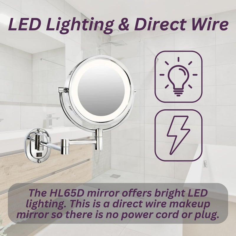 JERDON Wall-Mounted Makeup Mirror with 5X Magnification - Chrome Makeup Mirror with LED Lights - Direct Wire - Model HL65CD - Image 2